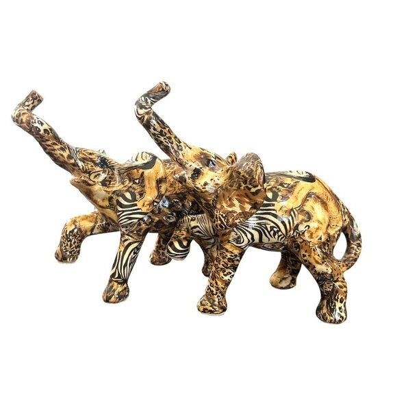 LOT OF 2 La Vie Trunk Up Elephant Ceramic Figurine Safari Animal Print Porcelain - Picture 1 of 10